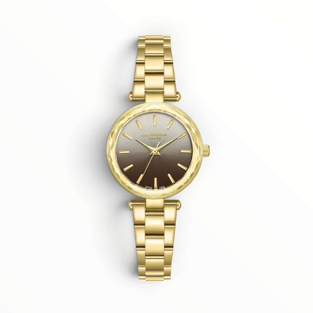 SUL EXTRAS Lee Cooper London women's watch with a gold faceted bezel and an ombré smoke-to-brown gradient dial.