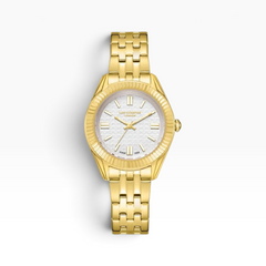SUL EXTRAS Lee Cooper London gold women's watch with a white basket-weave dial and fluted coin-edge bezel.