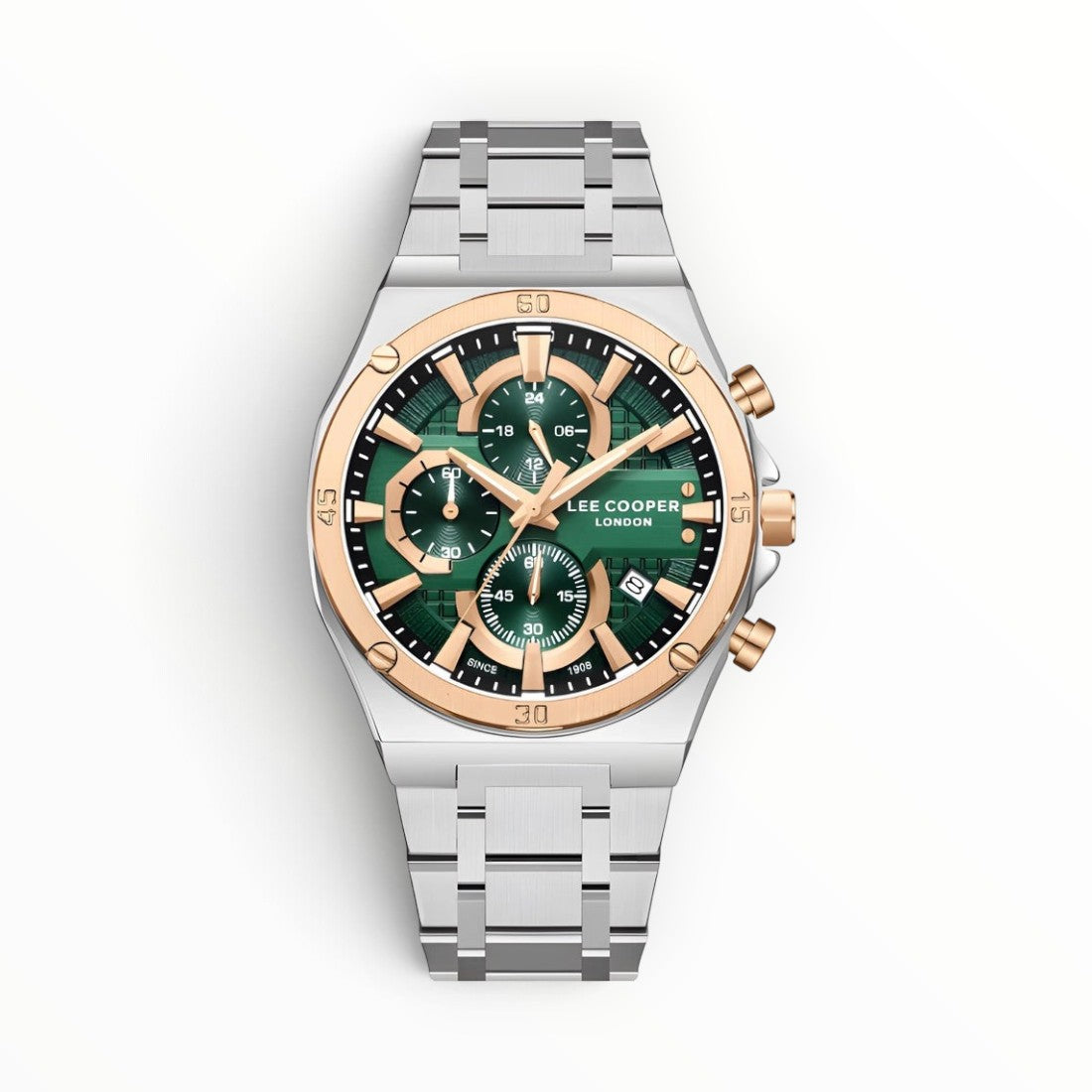 SUL EXTRAS Lee Cooper London men's chronograph watch with a forest green textured dial, rose gold bezel, and silver bracelet.
