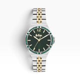 SUL EXTRAS Lee Cooper London women's watch with a forest green sunray dial, emerald crystal bezel, and two-tone strap.
