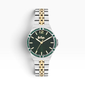 SUL EXTRAS Lee Cooper London women's watch with a forest green sunray dial, emerald crystal bezel, and two-tone strap.