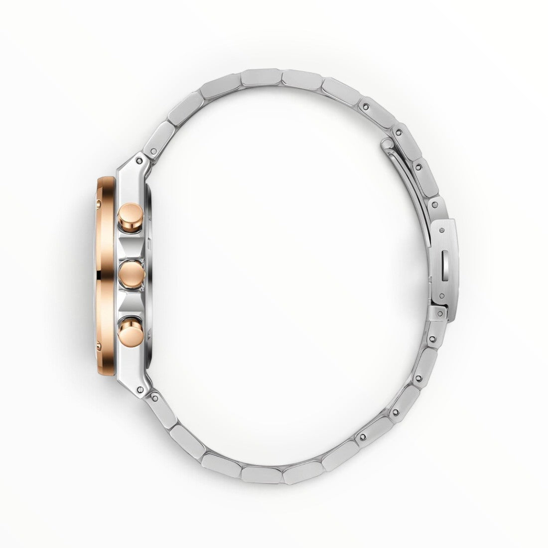 SUL EXTRAS Lee Cooper London men's chronograph watch side profile showing rose gold bezel and silver steel bracelet.