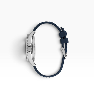 SUL EXTRAS Lee Cooper London diver watch side view featuring a polished silver stainless steel case and navy rubber strap