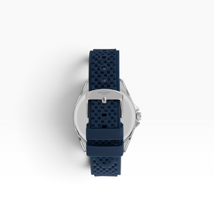 SUL EXTRAS Lee Cooper London diver watch back view showing the navy blue waffle-texture rubber strap and silver buckle