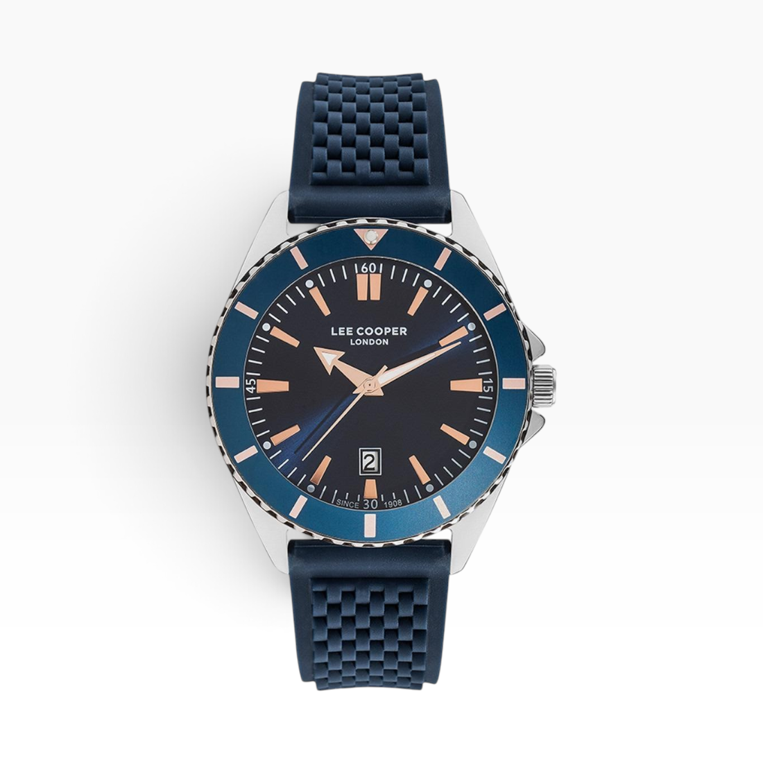 SUL EXTRAS Lee Cooper London diver watch with midnight blue sunray dial, rose gold indices, and navy waffle strap.