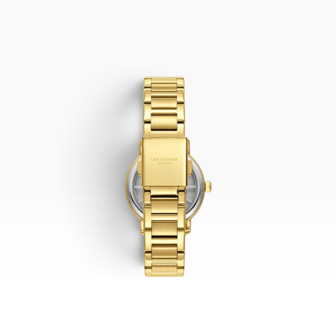 SUL EXTRAS Lee Cooper London gold stainless steel watch showing the back of the case and butterfly clasp bracelet