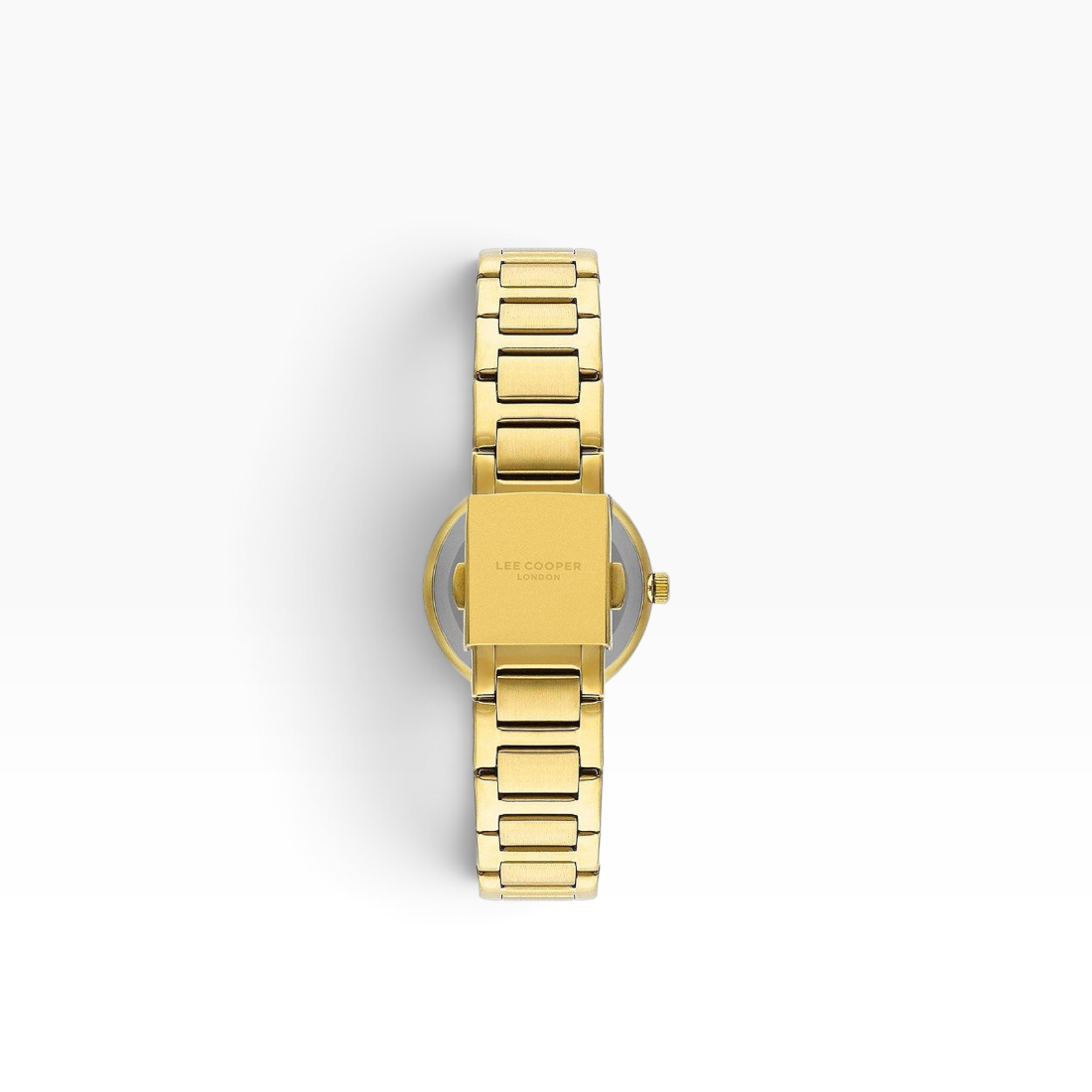 SUL EXTRAS Lee Cooper London women's watch showing the gold stainless steel bracelet and engraved caseback
