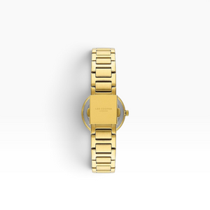 SUL EXTRAS Lee Cooper London women's watch showing the gold stainless steel bracelet and engraved caseback