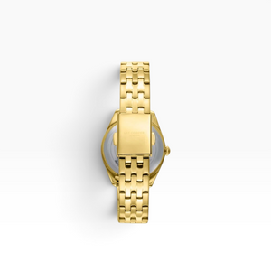 SUL EXTRAS Lee Cooper London gold women's watch showing the polished five-link bracelet and butterfly clasp back view