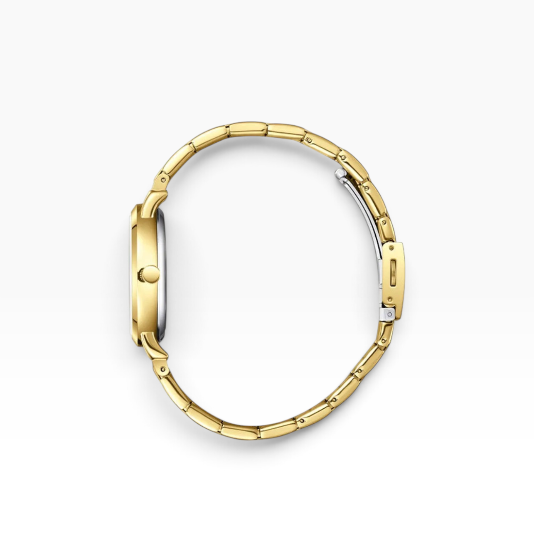 SUL EXTRAS Lee Cooper London gold women's watch side view showing the polished stainless steel bracelet and case.