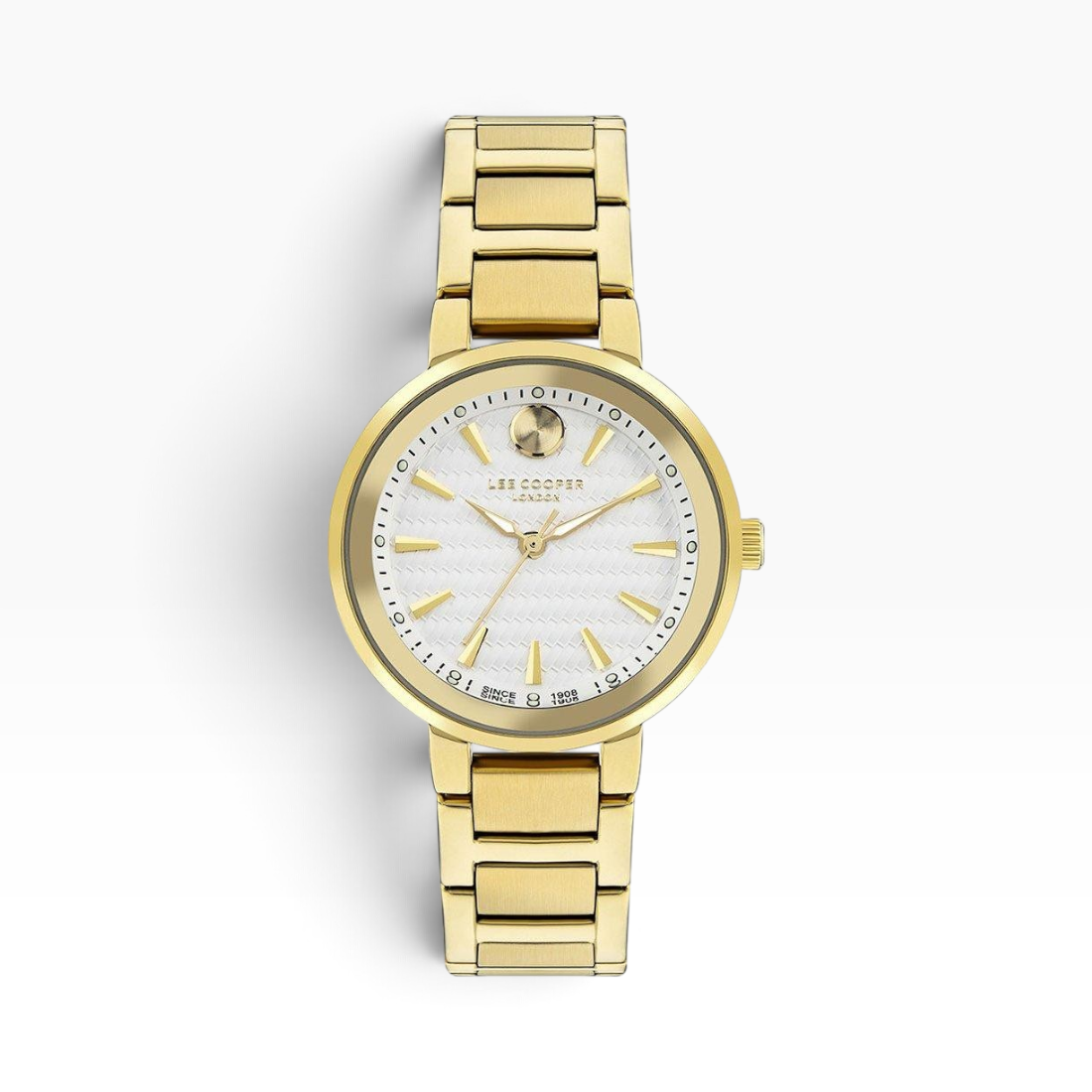SUL EXTRAS Lee Cooper London women's watch with a white wave-textured dial, gold stainless steel case, and link bracelet.