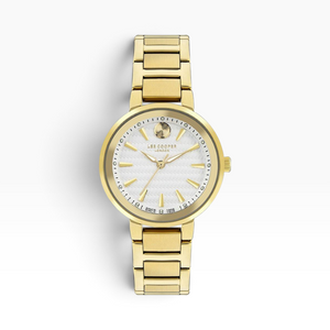 SUL EXTRAS Lee Cooper London women's watch with a white wave-textured dial, gold stainless steel case, and link bracelet.