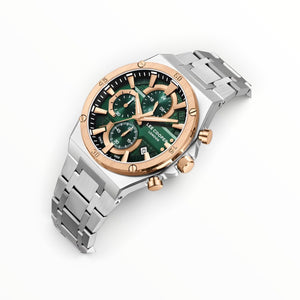 SUL EXTRAS Lee Cooper London men's chronograph watch with a forest green dial, rose gold bezel, and silver bracelet.