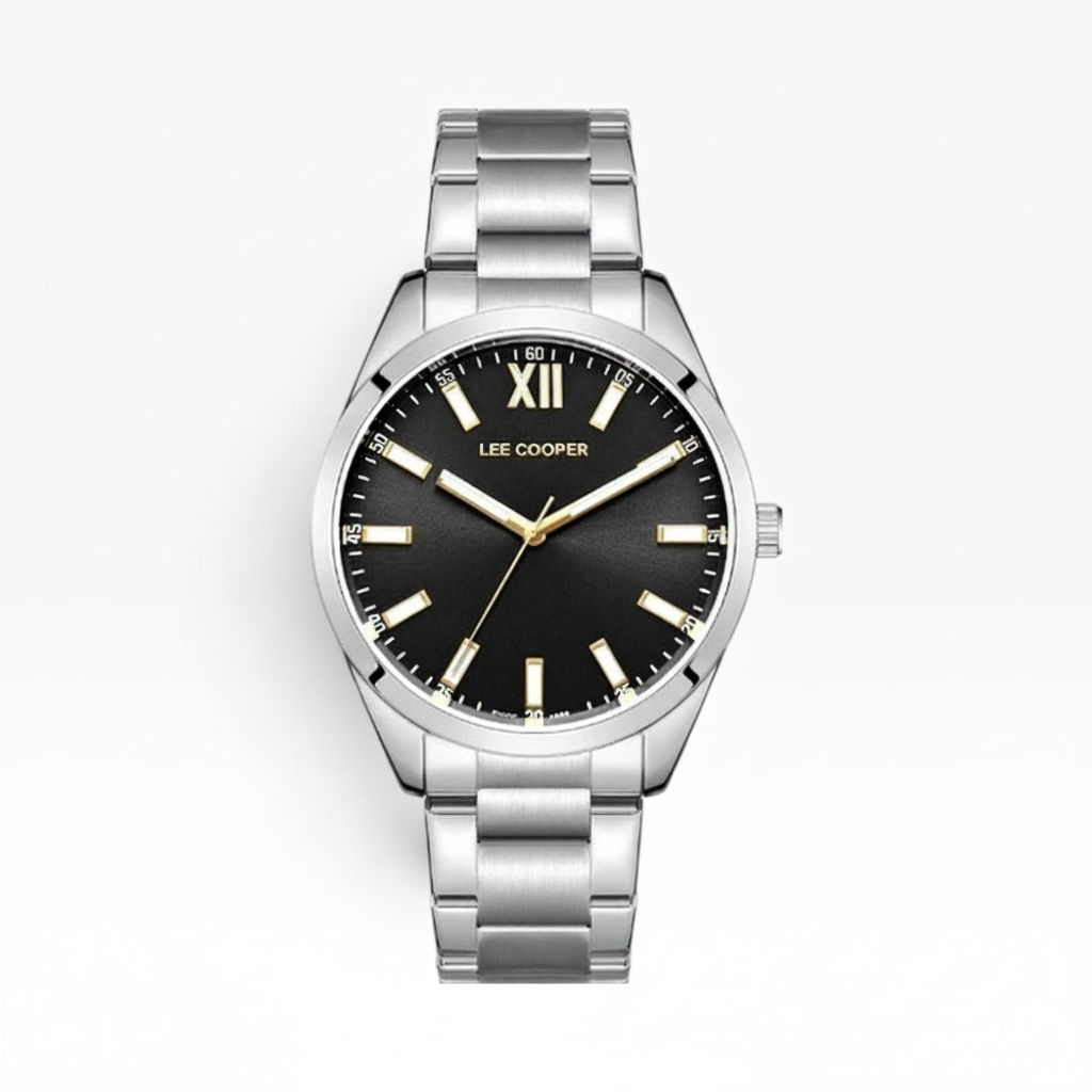 SUL EXTRAS Lee Cooper London men's watch with a black sunray dial, gold Roman numeral, and silver stainless steel band.