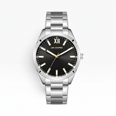 SUL EXTRAS Lee Cooper London men's watch with a black sunray dial, gold Roman numeral, and silver stainless steel band.