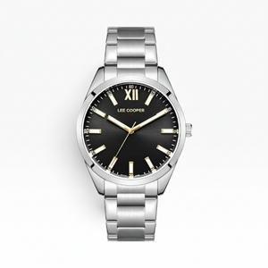 SUL EXTRAS Lee Cooper London men's watch with a black sunray dial, gold Roman numeral, and silver stainless steel band.