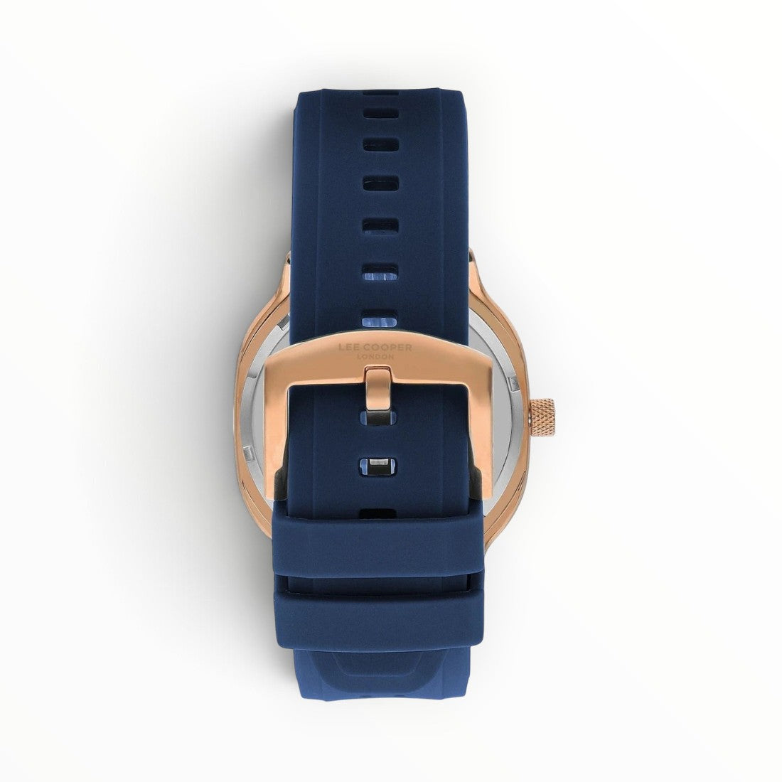 SUL EXTRAS Lee Cooper London men's watch featuring a navy blue perforated silicone strap and rose gold pin buckle clasp.