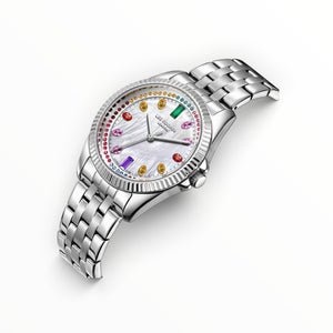 SUL EXTRAS Lee Cooper London silver women's watch with white mother-of-pearl dial, rainbow zirconia indices, and jubilee bracelet.