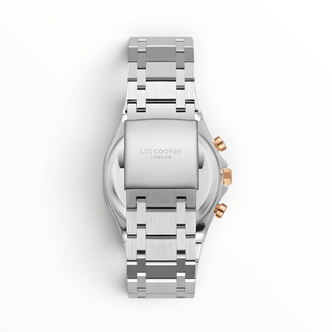 SUL EXTRAS Lee Cooper London men's watch featuring a brushed silver stainless steel bracelet with a butterfly clasp.