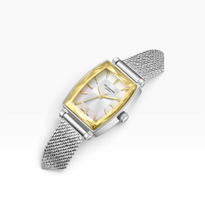 SUL EXTRAS Lee Cooper London women's watch with a silver tonneau case, faceted gold bezel, white sunray dial, and mesh strap