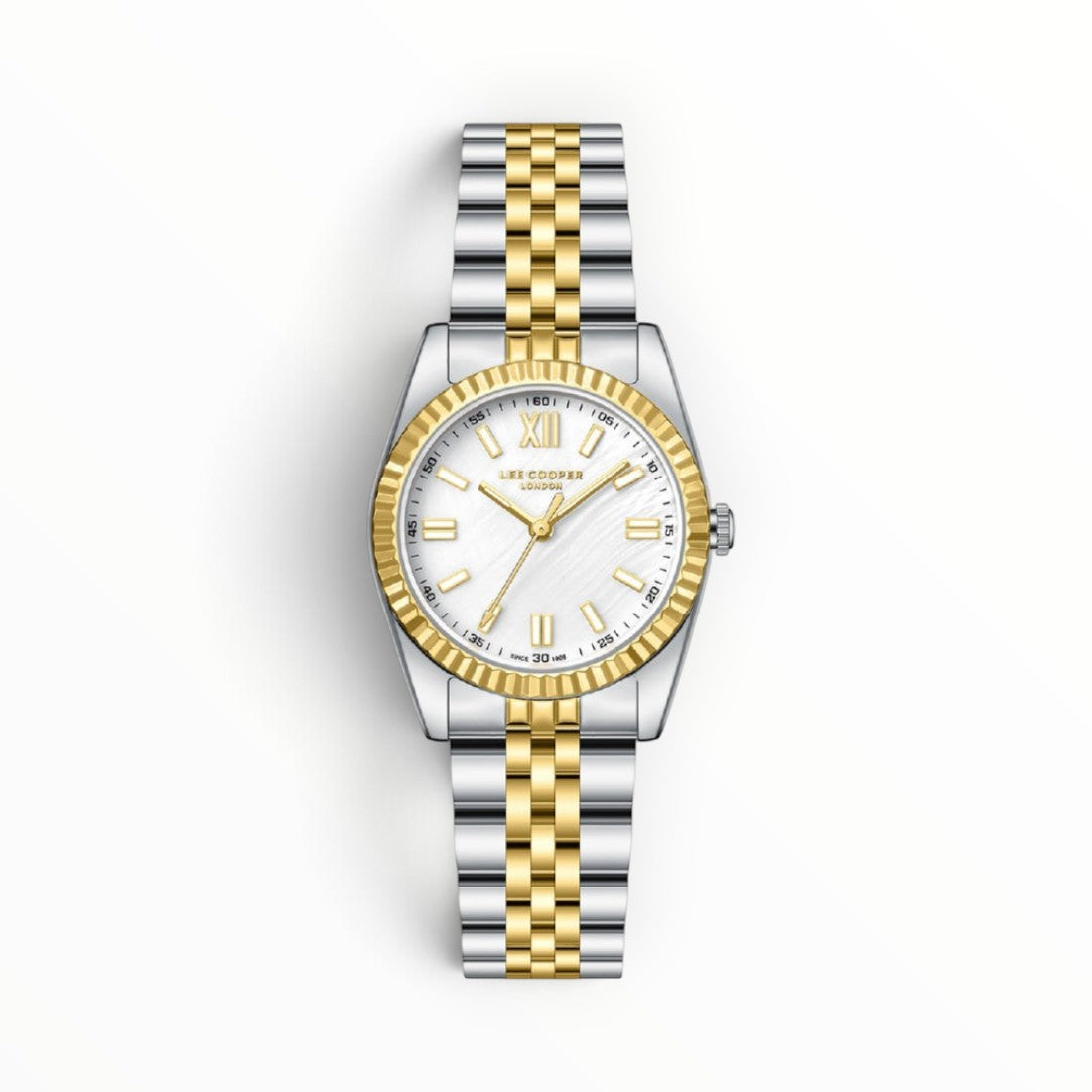 SUL EXTRAS Lee Cooper London women's two-tone watch with ivory mother-of-pearl dial, gold fluted bezel, and bracelet.