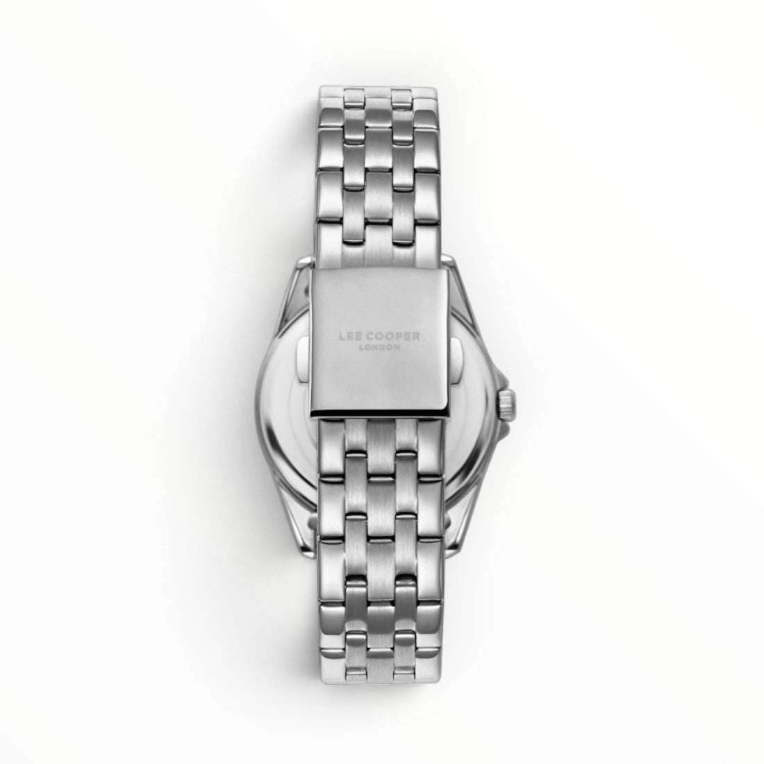 SUL EXTRAS Lee Cooper London women's watch showing the polished stainless steel five-link jubilee bracelet and clasp