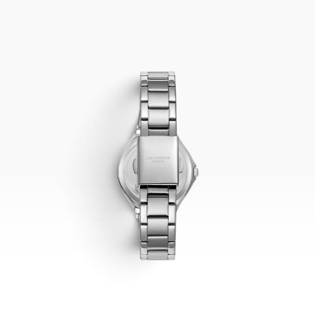 SUL EXTRAS Lee Cooper London women's watch showing the polished stainless steel bracelet and engraved butterfly clasp