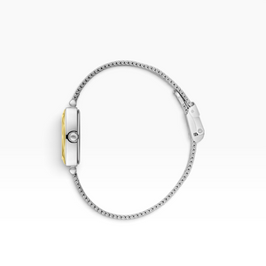 SUL EXTRAS Lee Cooper London women's watch side view showing silver mesh strap and faceted gold bezel tonneau case.