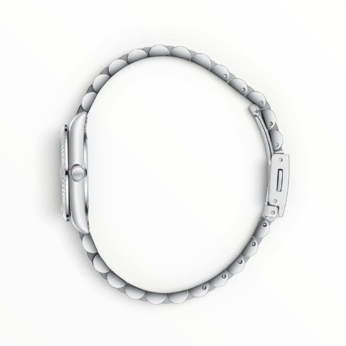SUL EXTRAS Lee Cooper London women's watch side profile showing the silver cushion case and two-tone jubilee bracelet.