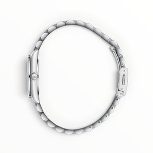 SUL EXTRAS Lee Cooper London women's watch side profile showing the silver cushion case and two-tone jubilee bracelet.