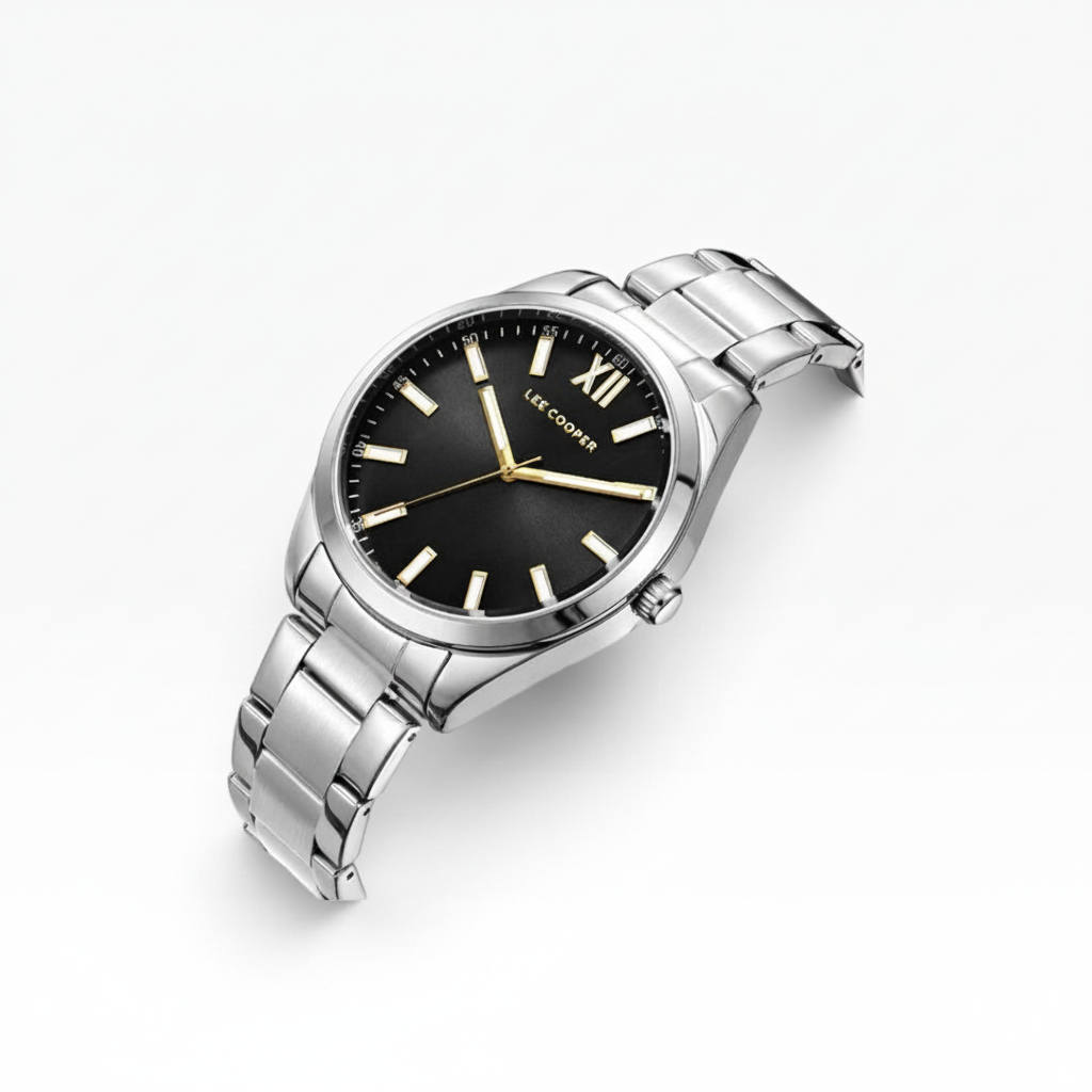 SUL EXTRAS Lee Cooper London men's watch with a black sunray dial, gold Roman numeral, and silver stainless steel band.