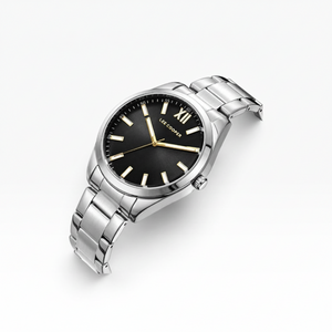 SUL EXTRAS Lee Cooper London men's watch with a black sunray dial, gold Roman numeral, and silver stainless steel band.