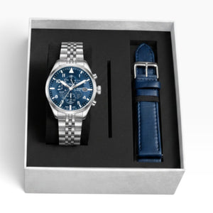 SUL EXTRAS Lee Cooper London navy blue aviator watch gift set with stainless steel bracelet and leather strap