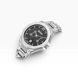 SUL EXTRAS Lee Cooper London men's watch with an octagonal silver stainless steel case and black sunray dial.