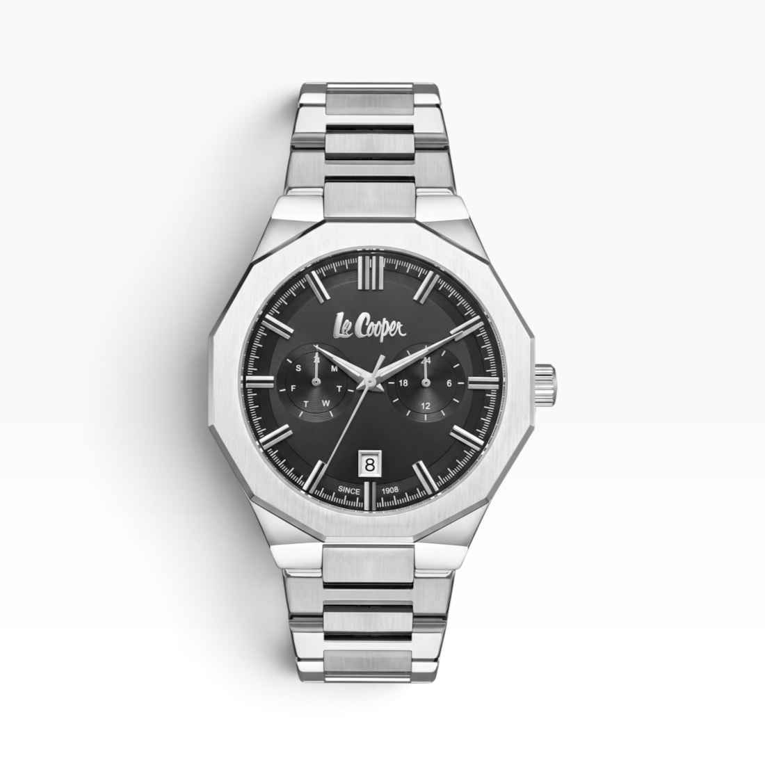 SUL EXTRAS Lee Cooper London men's watch with a silver octagonal stainless steel case and black sunray dial.
