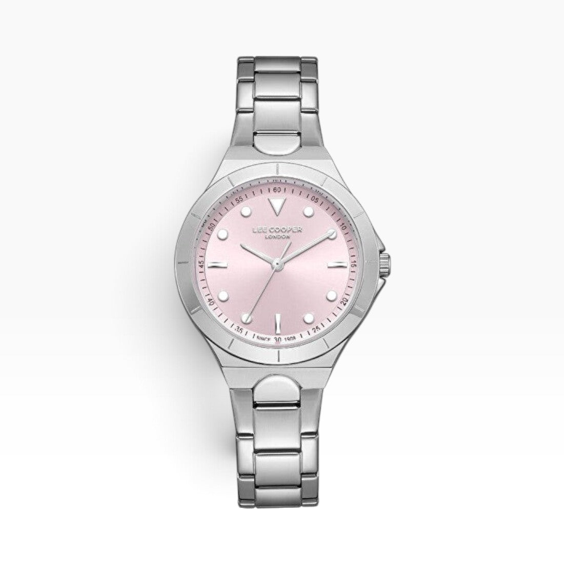 SUL EXTRAS Lee Cooper London women's watch with a blush pink sunray dial, silver stainless steel case, and bracelet.