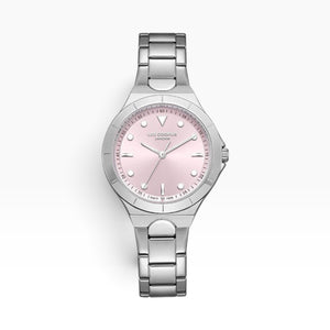 SUL EXTRAS Lee Cooper London women's watch with a blush pink sunray dial, silver stainless steel case, and bracelet.
