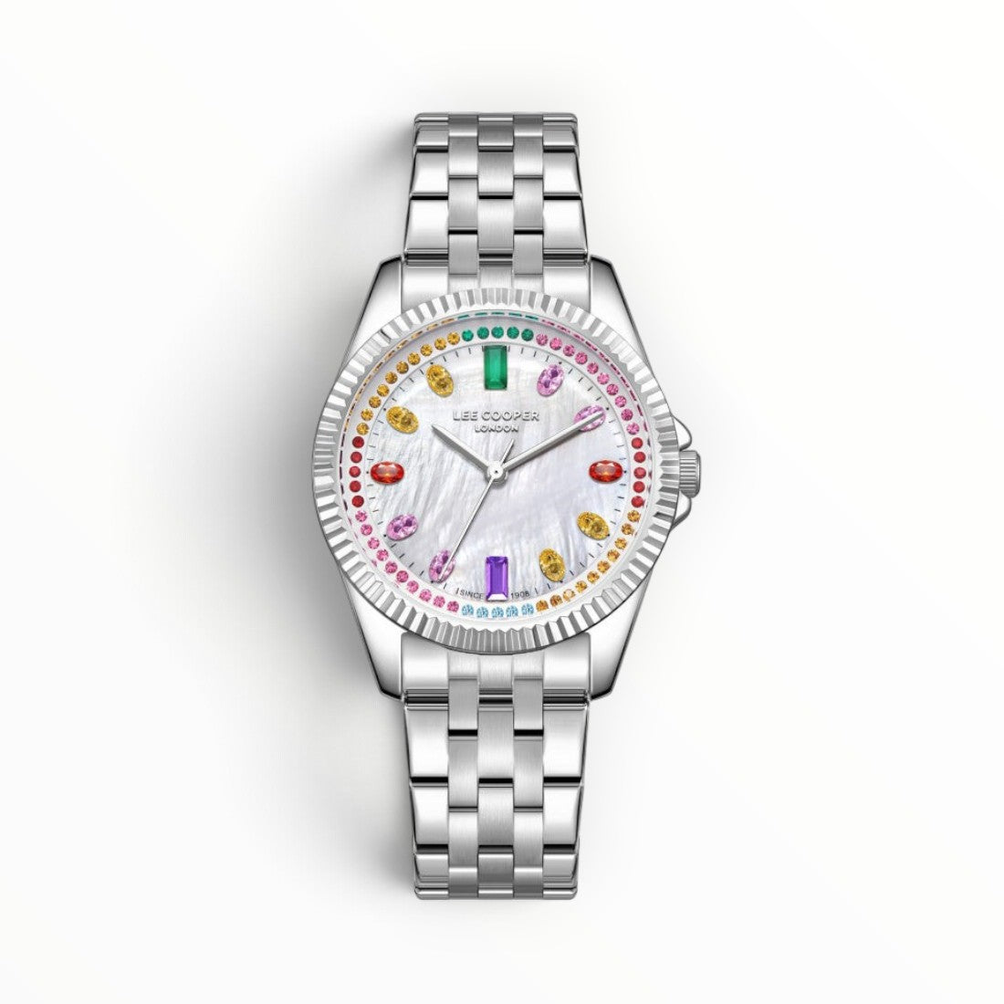 SUL EXTRAS Lee Cooper London women's silver watch with mother-of-pearl dial, rainbow zirconia crystals, and jubilee bracelet