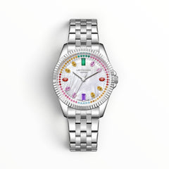 SUL EXTRAS Lee Cooper London women's silver watch with mother-of-pearl dial, rainbow zirconia crystals, and jubilee bracelet