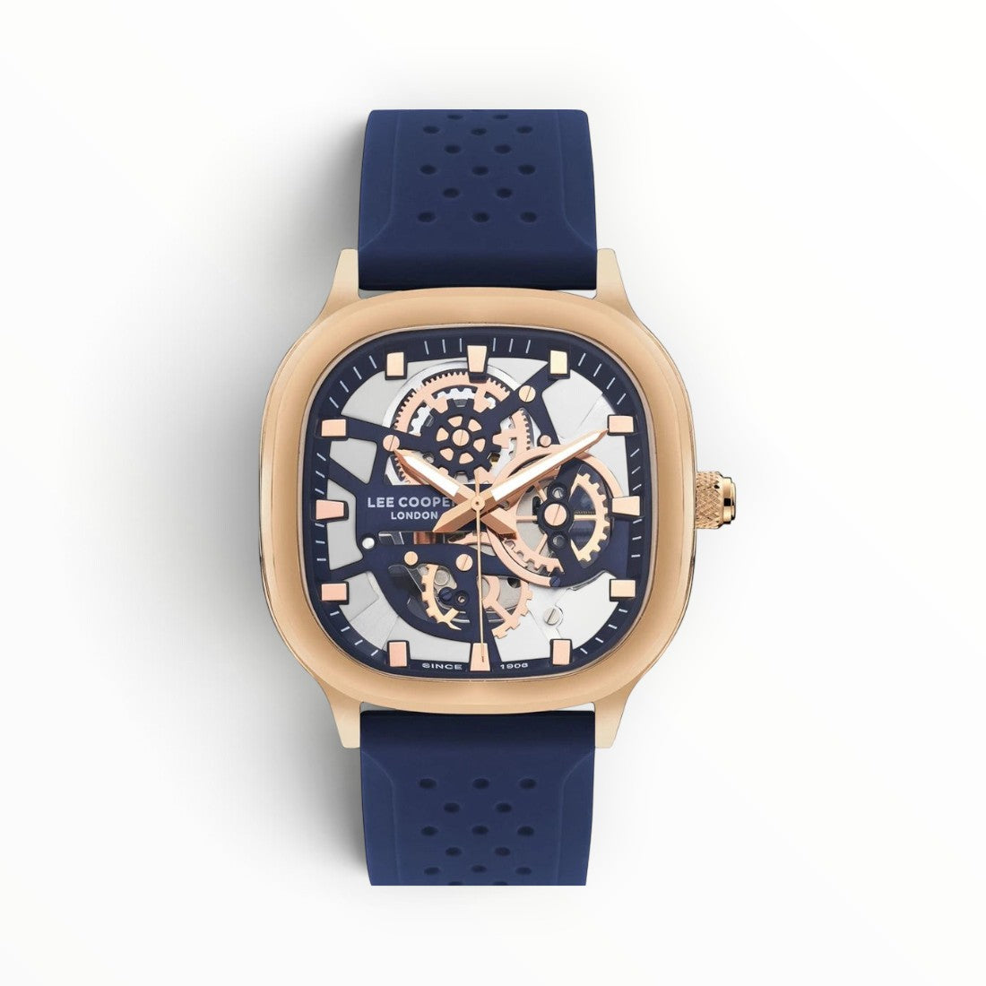 SUL EXTRAS Lee Cooper London cushion-square watch with rose gold case, skeleton dial, and navy blue perforated strap.