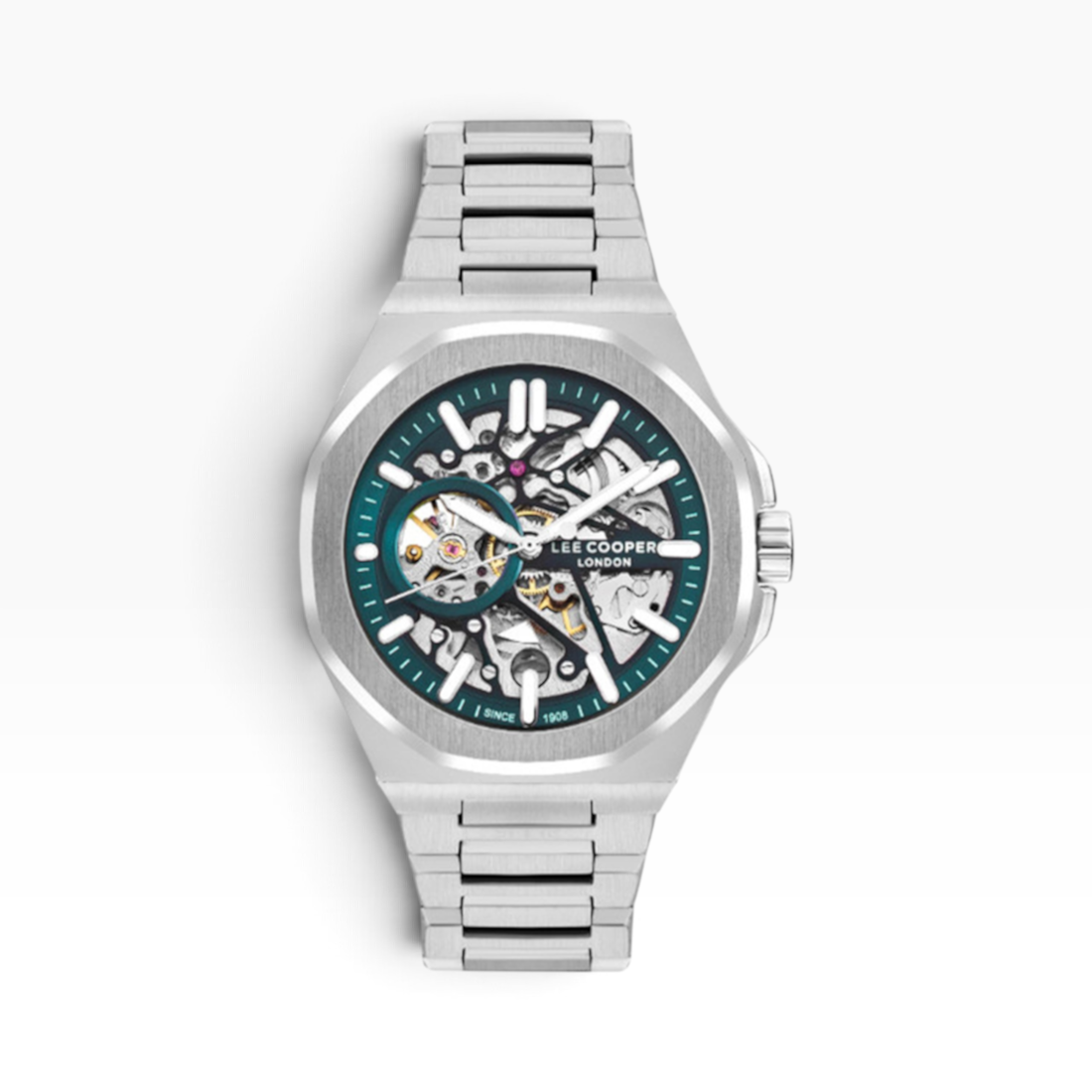 SUL EXTRAS Lee Cooper London silver octagonal automatic skeleton watch with an emerald green bezel and steel bracelet.