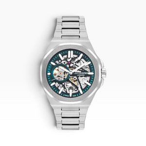 SUL EXTRAS Lee Cooper London silver octagonal automatic skeleton watch with an emerald green bezel and steel bracelet.
