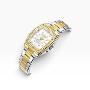 SUL EXTRAS Lee Cooper London women's tonneau watch with a white sunray dial, crystal bezel, and two-tone steel bracelet.