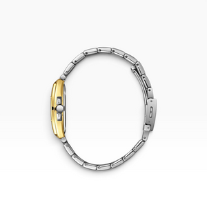 Side view of SUL EXTRAS Lee Cooper London women's tonneau watch with gold case and two-tone silver and gold bracelet.