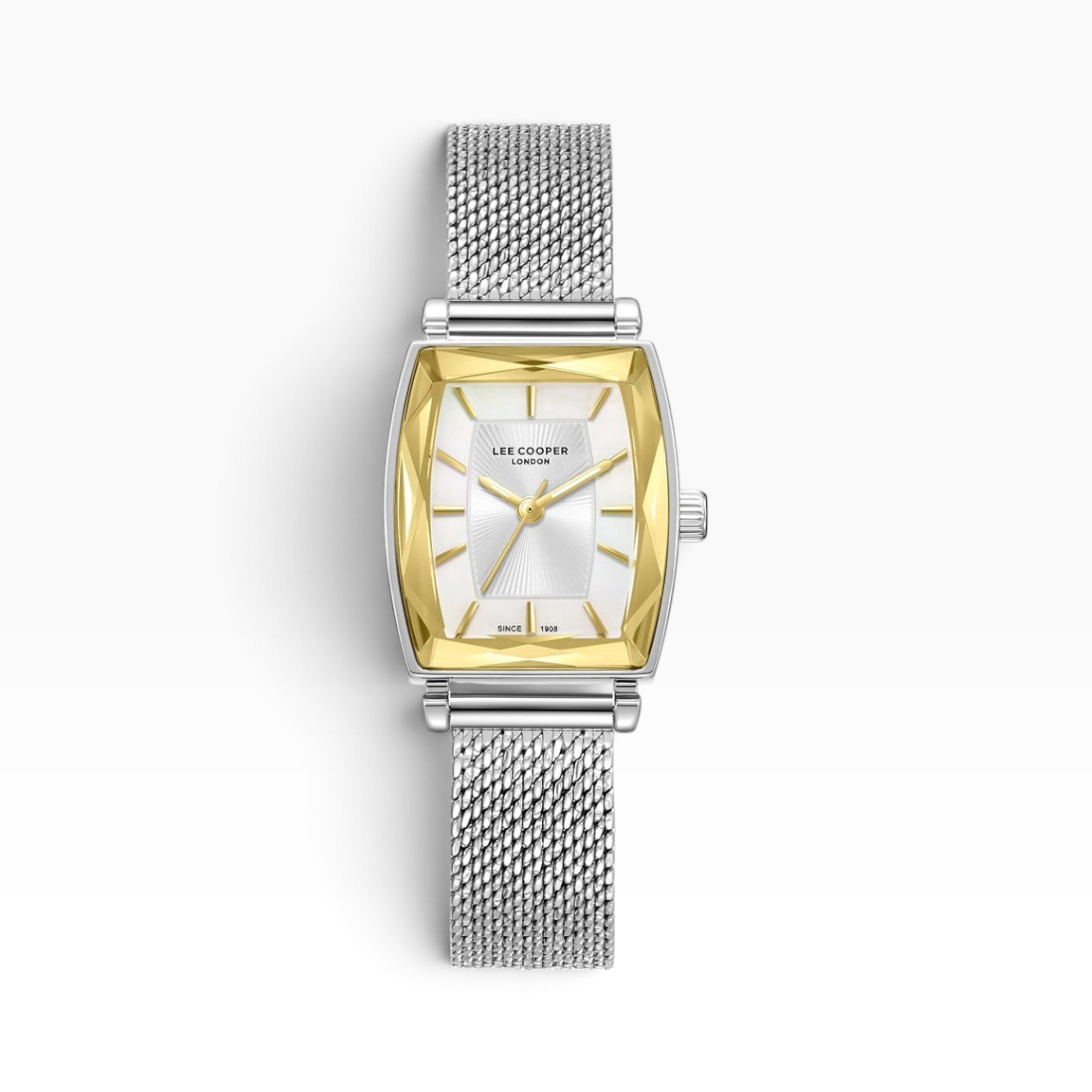 SUL EXTRAS Lee Cooper London women's watch with a silver tonneau case, gold faceted bezel, and silver mesh strap.