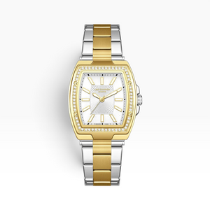 SUL EXTRAS Lee Cooper London women's tonneau watch with a white sunray dial, crystal bezel, and two-tone steel strap.