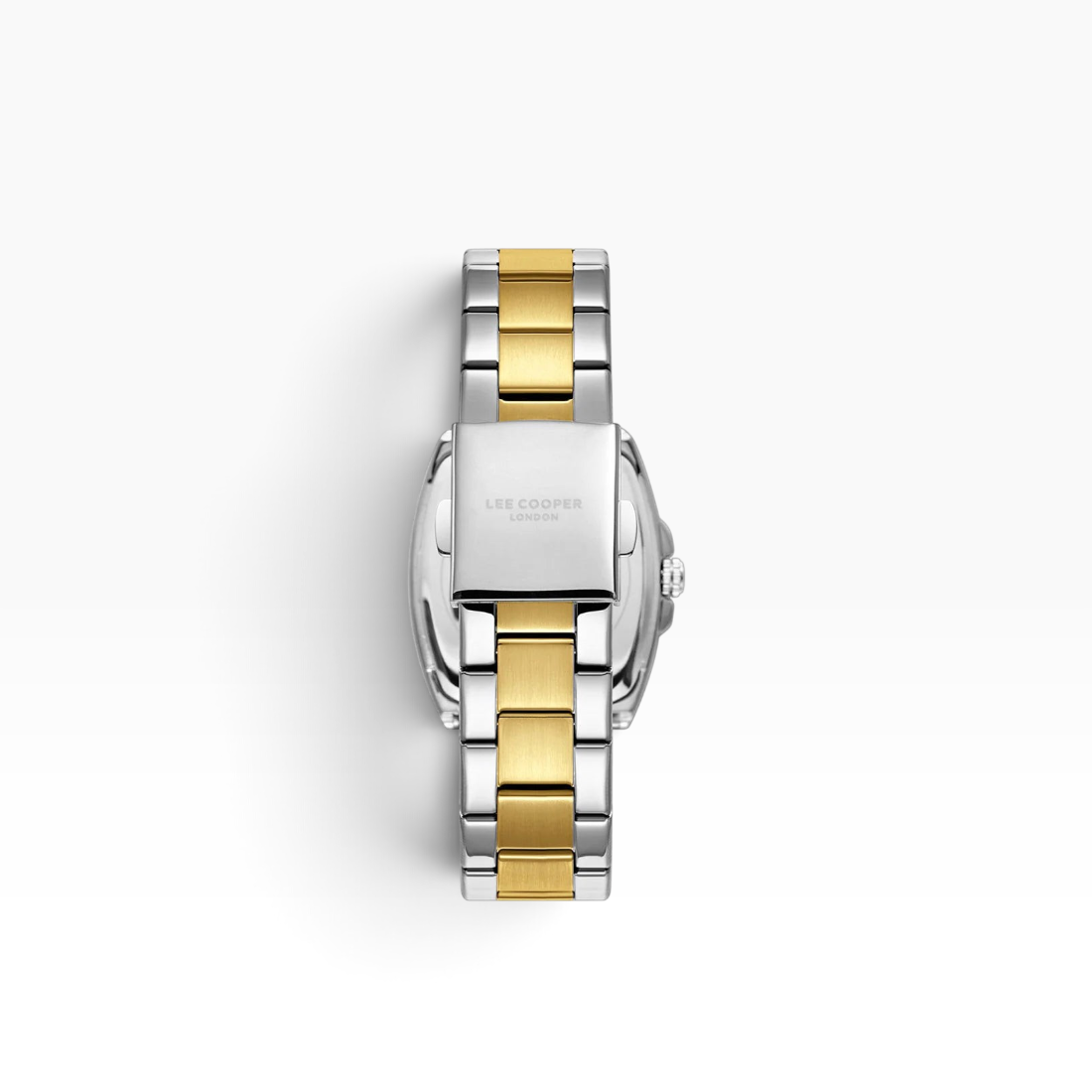SUL EXTRAS Lee Cooper London women's watch showing the two-tone stainless steel bracelet and butterfly clasp back view.