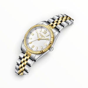 SUL EXTRAS Lee Cooper London two-tone women's watch with ivory mother-of-pearl dial, gold fluted bezel, and bracelet.