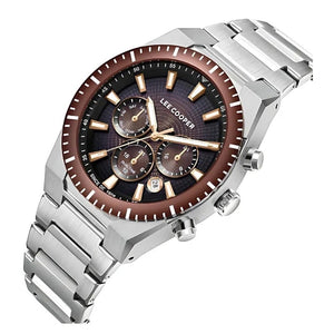 SUL EXTRAS Lee Cooper Urban Artisan watch with a brown textured dial, silver metal bracelet, and dual-time display.