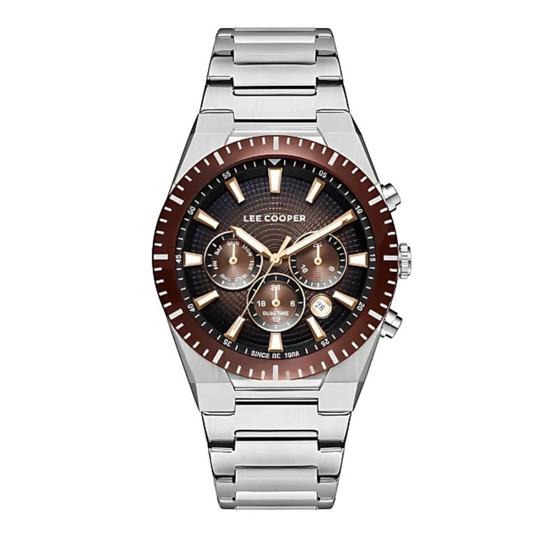 SUL EXTRAS Lee Cooper Urban Artisan watch with a brown textured dial, silver metal band, and dual-time display.